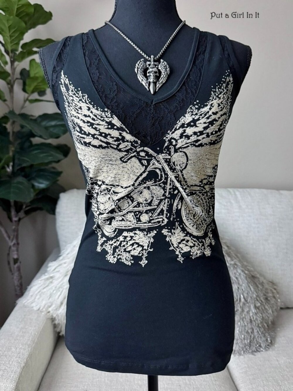 New Women's Crystal Motorcycle Angel Wings Lace Biker Tank Top S M L XL 1X 2X 3X